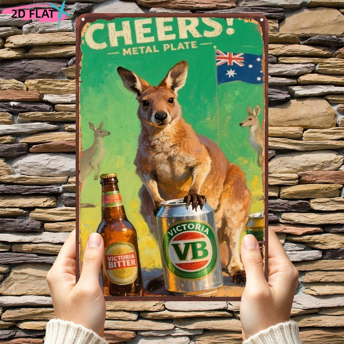 TEMU 2d Flat, 2d Flat 1pc, "cheers! Kangaroo With Vb Beer And Australian Flag – Metal Plate", Metal Iron Sign, Size (8"x12"/20cm*30cm), Decorative