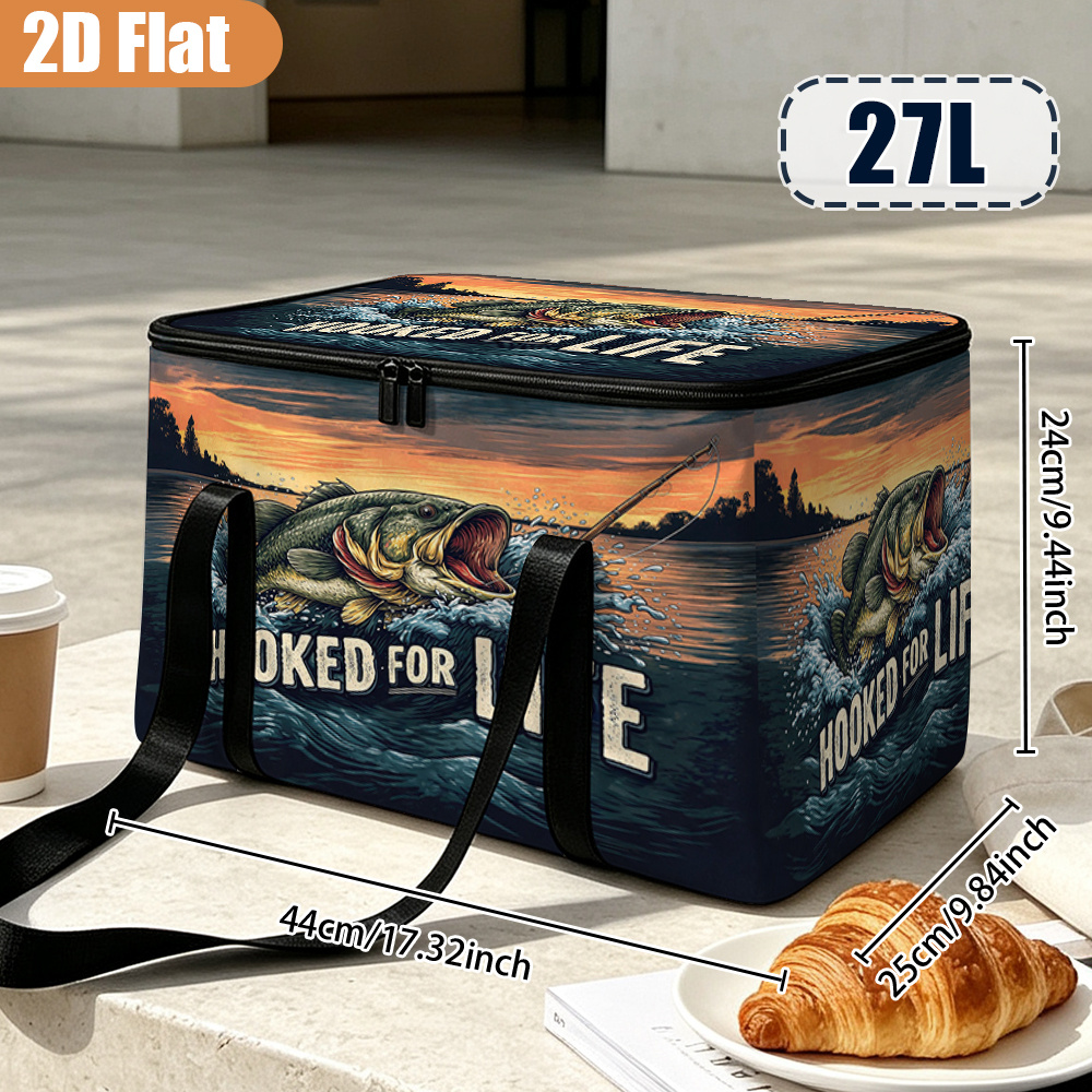 TEMU Halloween Gifts 1pc Fishing Is Print Thermal Insulated Tote With Zipper, Cooler Bag For Restaurant Takeaway Camping, Happy Christmas Halloween