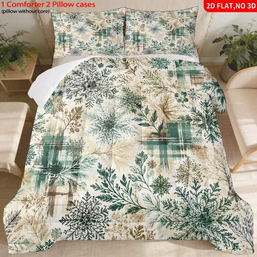 item picture 3pcs Comforter Insert (1Comforter Insert2Pillowcases) 2D Flat Print Winter Snowflake & Pattern, 280gsm Fiber Filling, U-Shaped Quilting, Machine Washable and Resistant to Deformation (Pillow Insert Not Included), 2D Flat