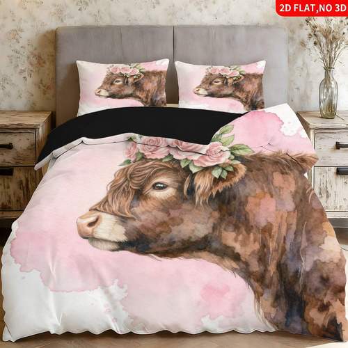 item picture 2 3pcs ing watercolor quilt cover bedding multiple base colors cow with floral animal 1 duvet cover 1 2 pillowcases without core