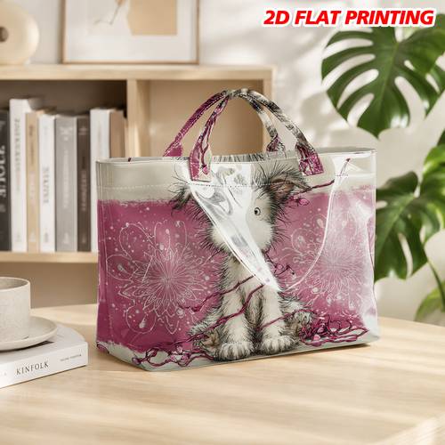 1pc 1pc pvc tote bag suitable for work travel grocery shopping reusable rectangular shoulder bag with hot transfer print dog snowflake christmas easy clean handbag for commuting daily use 2d flat