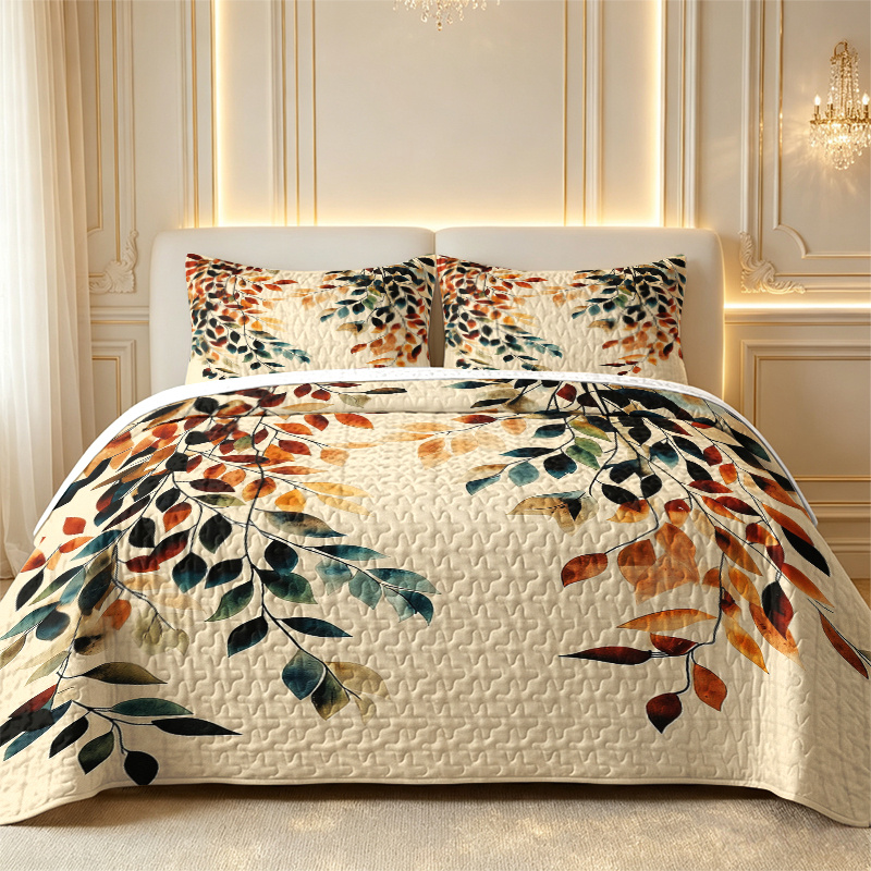 TEMU 3pcs Watercolor Leaf Pattern Bedspread Set (bedspread*1, Pillowcase*1/2, Pillow Inserts Not Included) - Breathable And Comfortable, Suitable For