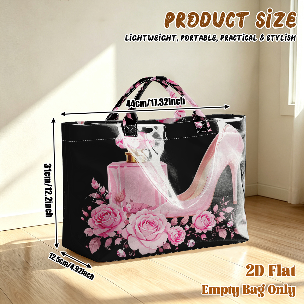 TEMU 1 sac d'épicerie réutilisable, impression plate 2D motif parfum rose et talons hauts, grand sac de voyage en PVC de grande , sac de courses, sac