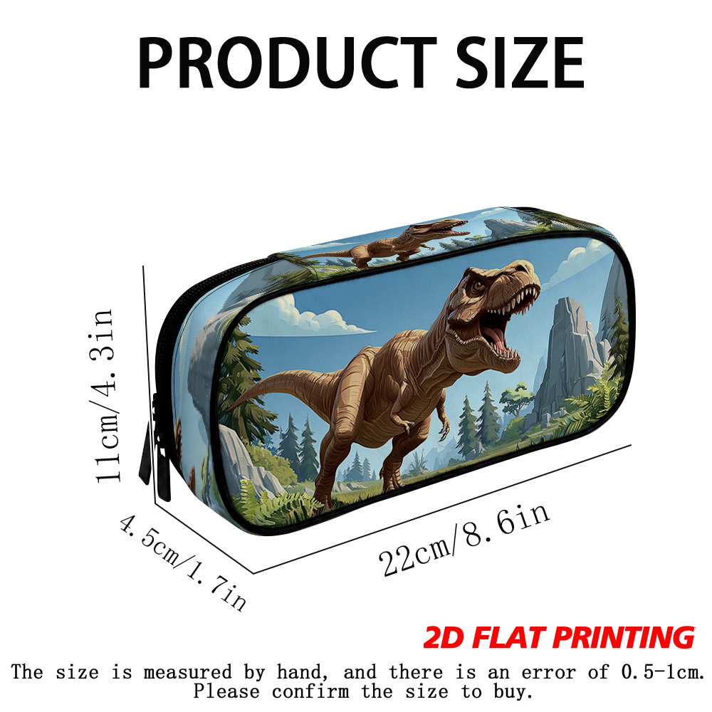 TEMU 1pc 2d Flat Zipper Compartment Dinosaur Roaring Forest Design Pencil Case With Multiple Compartments, Portable Stationery Bag Pen Holder For