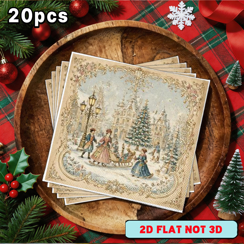 TEMU [2d Flat] 20pcs Winter Christmas Themed Napkins, With Victorian Christmas Winter Scene , Suitable For Parties, Outdoor Gatherings, Western