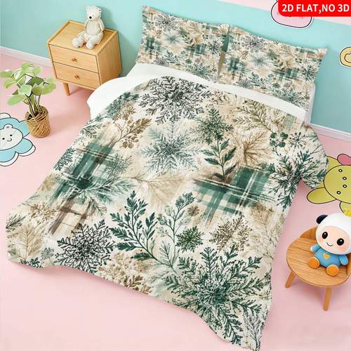 3pcs Comforter Insert (1Comforter Insert2Pillowcases) 2D Flat Print Winter Snowflake & Pattern, 280gsm Fiber Filling, U-Shaped Quilting, Machine Washable and Resistant to Deformation (Pillow Insert Not Included), 2D Flat