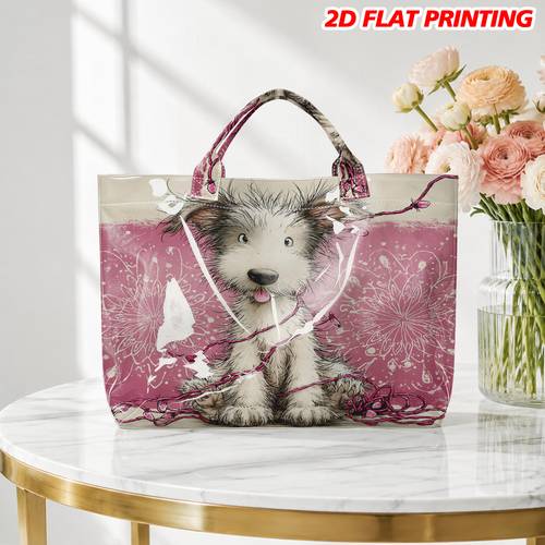 item picture 1pc 1pc pvc tote bag suitable for work travel grocery shopping reusable rectangular shoulder bag with hot transfer print dog snowflake christmas easy clean handbag for commuting daily use 2d flat