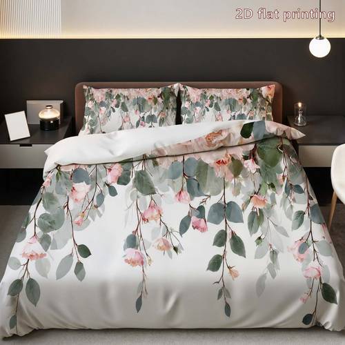 2d 3pcs bedding in a warm and with pink and white roses and green leaves pattern wedding polyester duvet cover set no filler included soft and comfortable fabric suitable for bedrooms hotels guesthouses and school