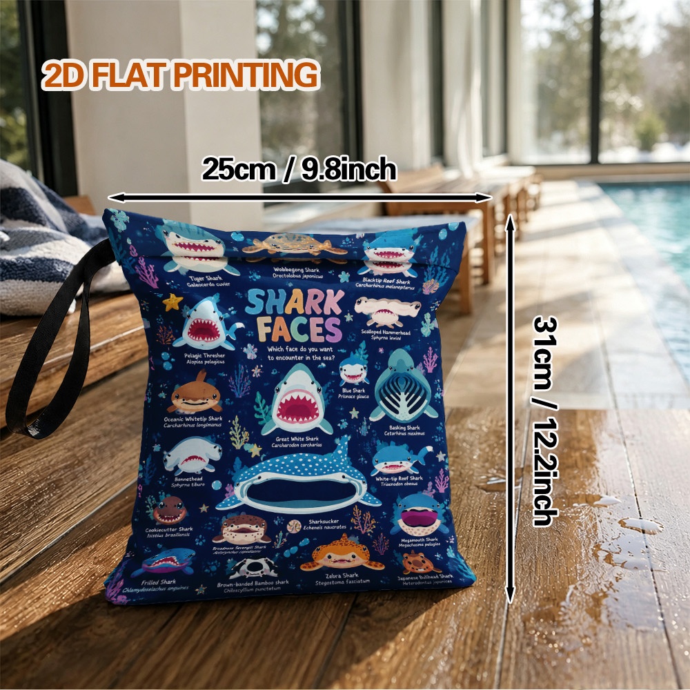 TEMU 2d Flat, 1pc Shark Faces Collection Print Wet Dry Travel Bag, Multipurpose Storage Organizer, Separate Bag For Wet Clothes And Dry Items,