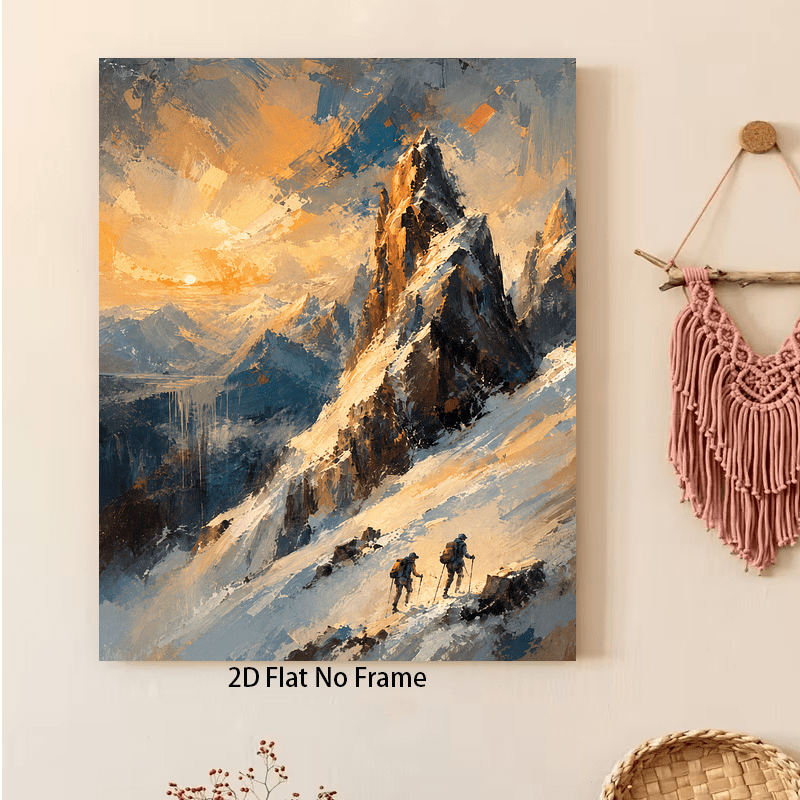 2d flat   climbers wall art suitable for living room kitchen unframed canvas print with mountain climbing adventure theme minimalist scenic landscape decoration for home   climbers sunset