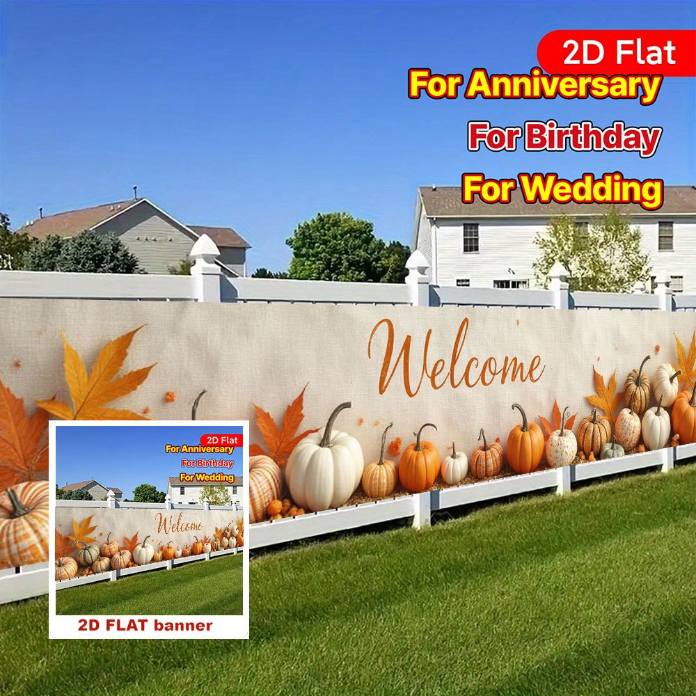 TEMU 2d Flat, 2d Flat Banner, 1pc, Courtyard Design With Pumpkin And Maple Leaf Decorations And "welcome" Text, Themed Party Decoration Category,