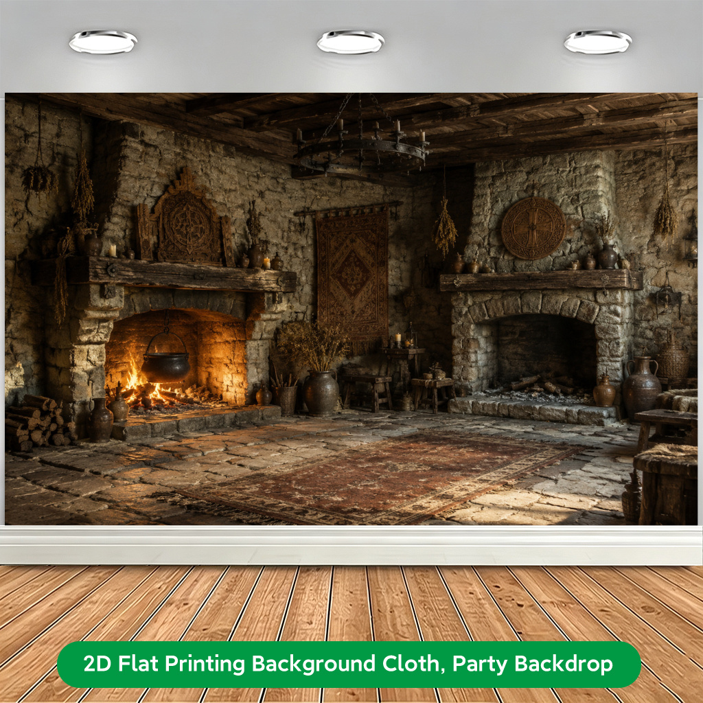 Rustic Stone Fireplace Scene Photography Backdrop Banner