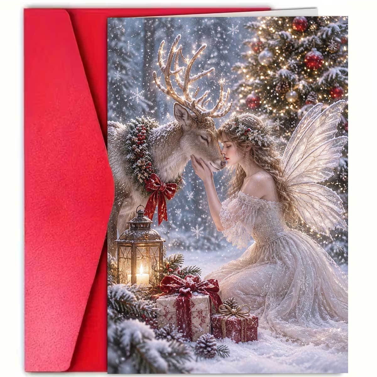 TEMU 1pc Beautiful Elf And Reindeer Christmas Card, Depicting An Elf In Lace Long Dress And Reindeer With Floral Crown In , With Retro Lantern And