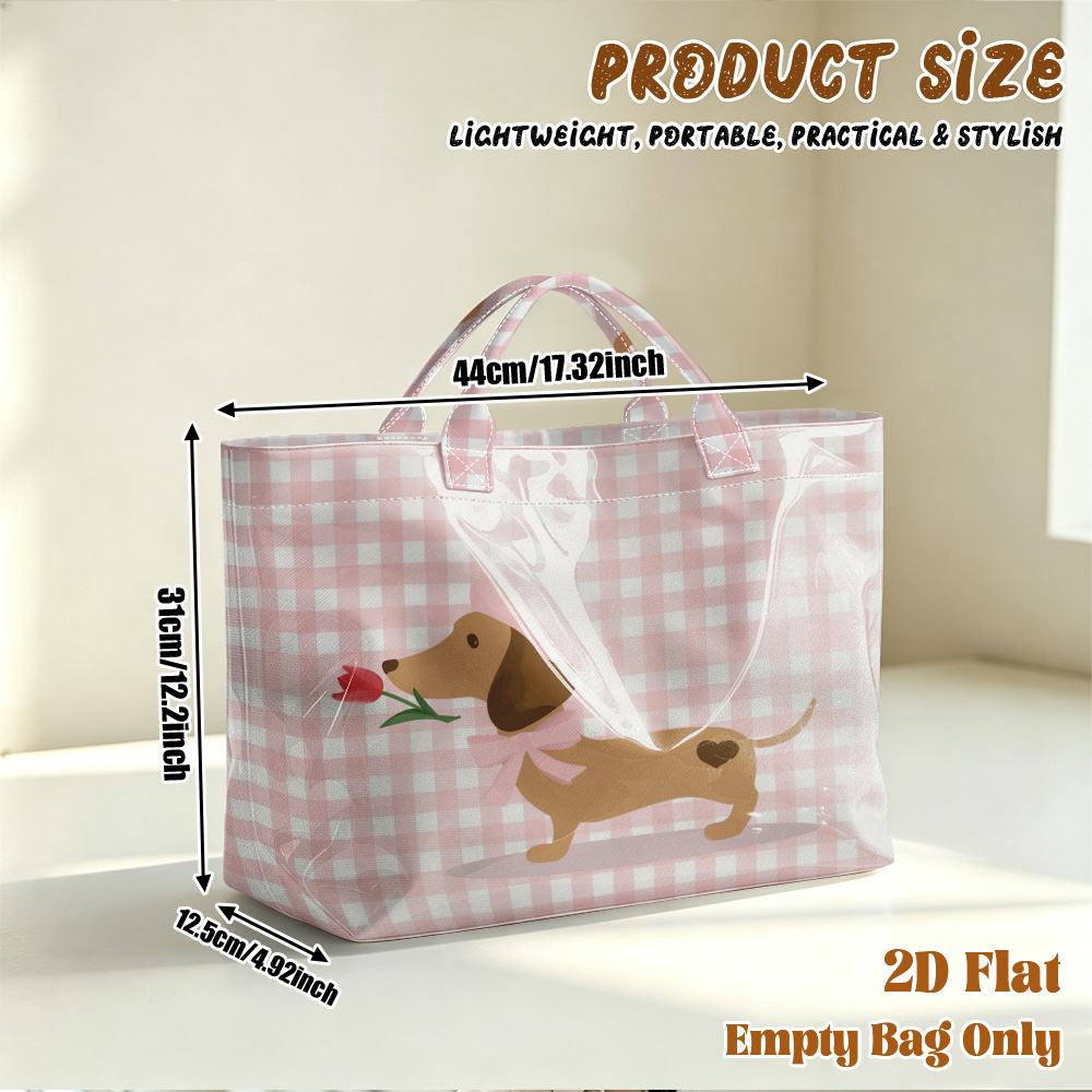 TEMU 1pc Large Capacity Tote Bag Suitable For Shopping, Travel & Gym - Cute Dachshund & Flower Print Dachshund-themed Bag, Machine Washable Ladies