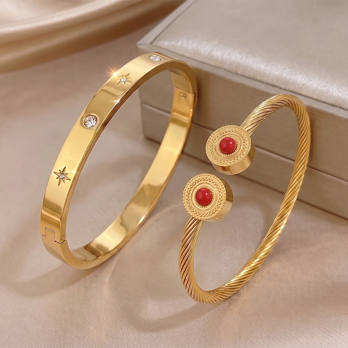 2pcs Twisted Red Open Titanium Bangles, Unisex Accessories