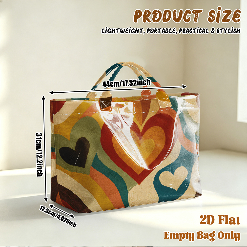 TEMU 1pc Large Capacity Colorful Heart Print Tote Bag Suitable For Travel, Gym, Beach & Shopping - Machine Washable Bag With Multicolor Heart