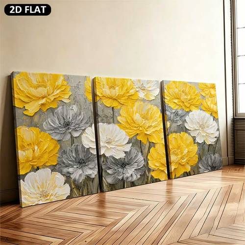immagine dell'articolo telaio 2d piatto, 3 pezzi telaio moderno minimalista su tela - dipinti astratti gialli e adatti per soggiorno, camera da letto, arredamento ufficio, poster a toni per decorazione , idea regalo, opera astratta incorniciata, 2d piatto