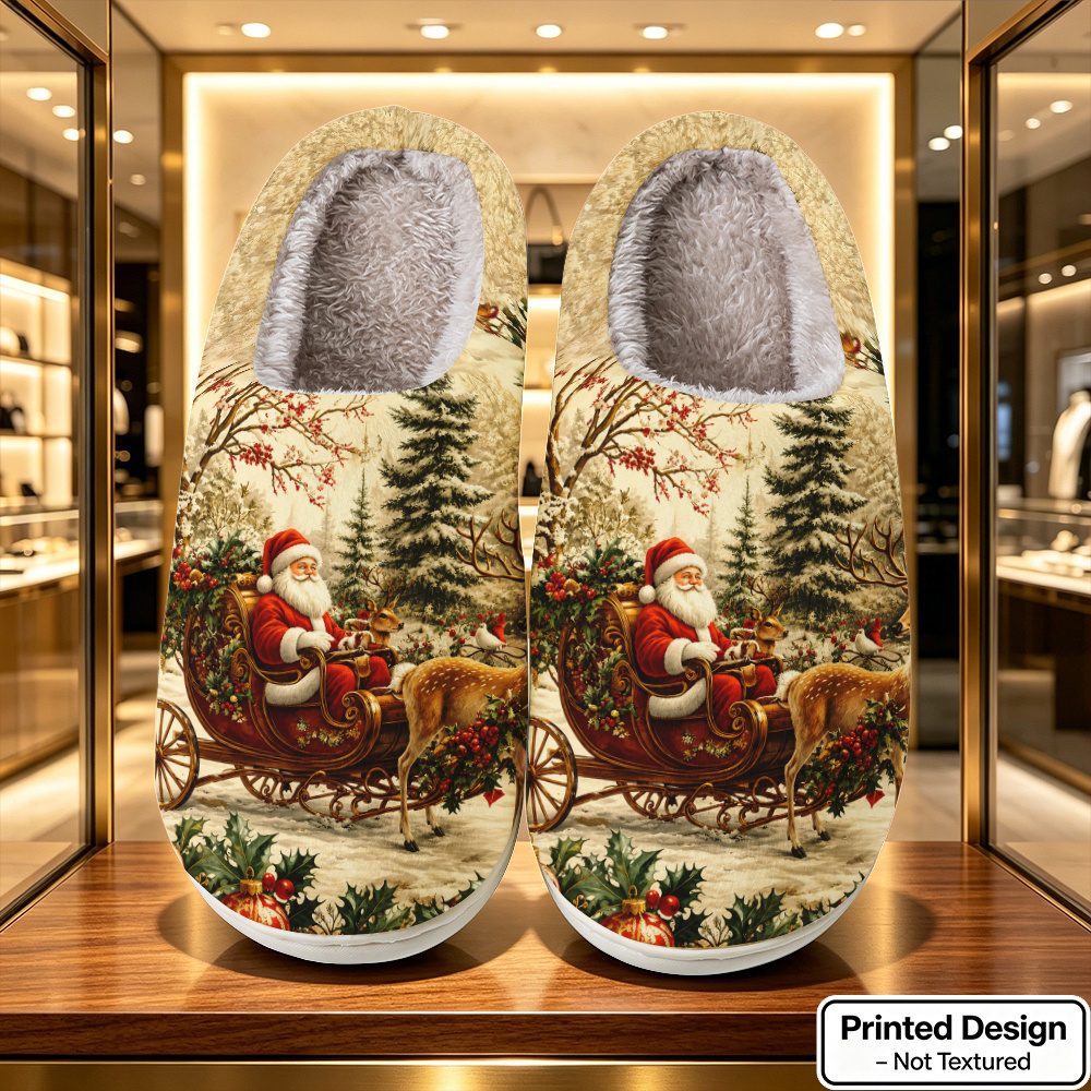 TEMU [printed Design - Not Textured] Santa Sleigh Snowy Christmas Theme Pattern Casual Light Luxury All-match Slippers, Unisex Fashionable Light