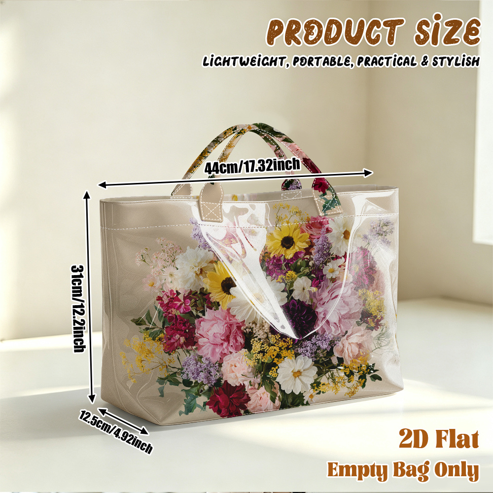 TEMU 1pc Large Capacity Tote Bag Suitable For Travel, Beach, Gym & - Colorful Multicolor Flower Bouquet Print, Machine Washable Bag With Spacious