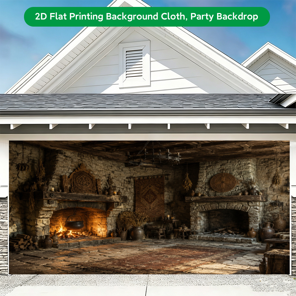 Rustic Stone Fireplace Scene Photography Backdrop Banner