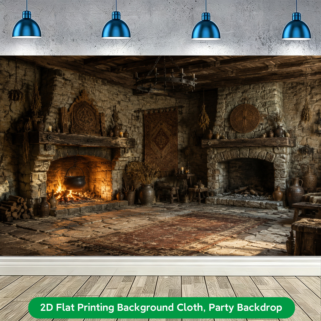 Rustic Stone Fireplace Scene Photography Backdrop Banner