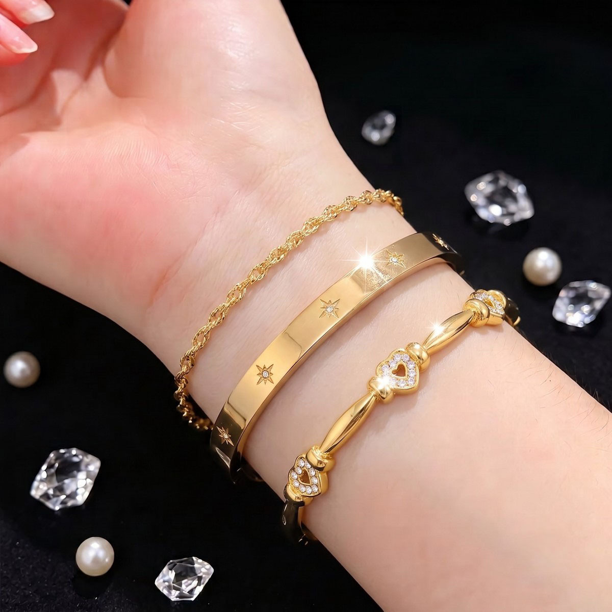 3pc Light Luxury Commuter Stainless Steel Star Light Bangle Set