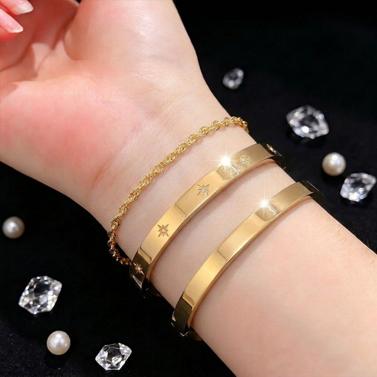 3pcs Daily Stainless Steel Starry Bracelet Set, Waterproof