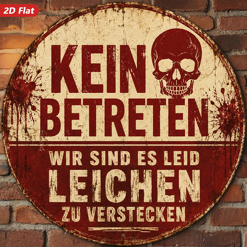 TEMU 2d Flat, 1pc German Warning Round Wooden Wall Sign, "" Text, Human , Distressed Blood Stains, Dark Humor Quote, Home Decor, Suitable For Garage