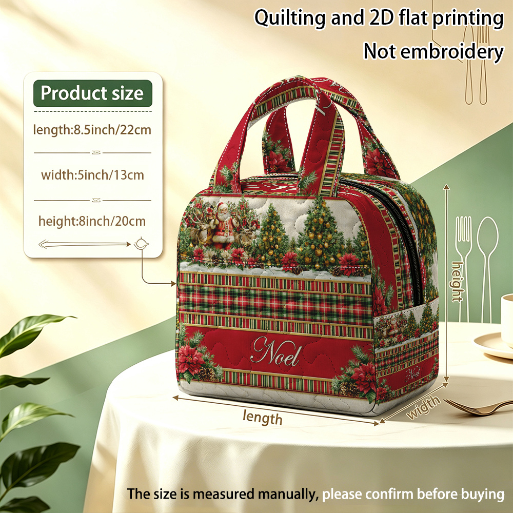 TEMU 2d Flat, 1pc Reusable Santa Reindeer Christmas Trees Pattern Quilted Insulated Handbag, Insulated Lunch Bag, (non-food Contact) Home, Office,