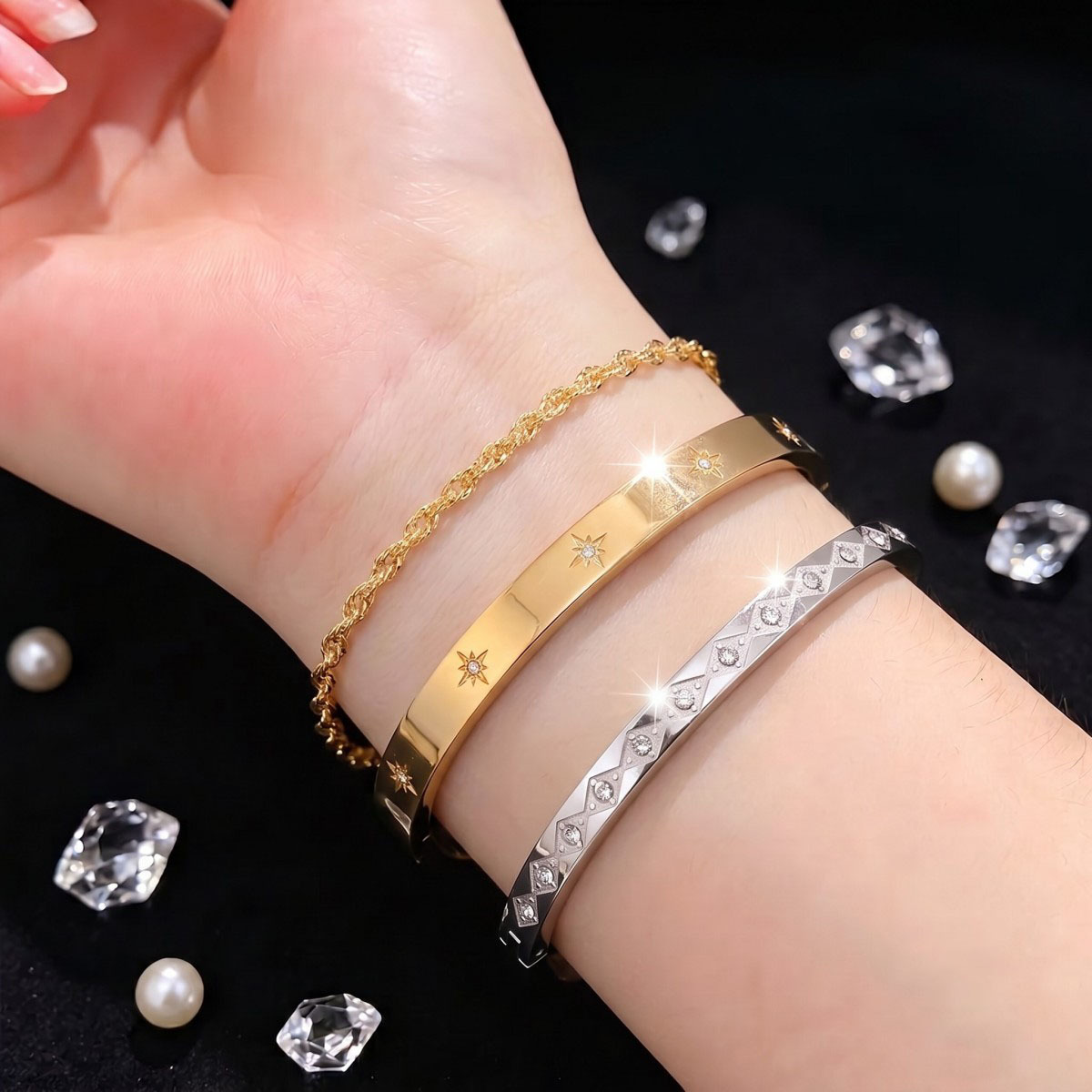 3pcs Daily Stainless Steel Starry Bracelet Set, Waterproof