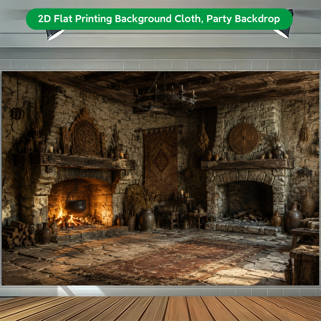 Rustic Stone Fireplace Scene Photography Backdrop Banner