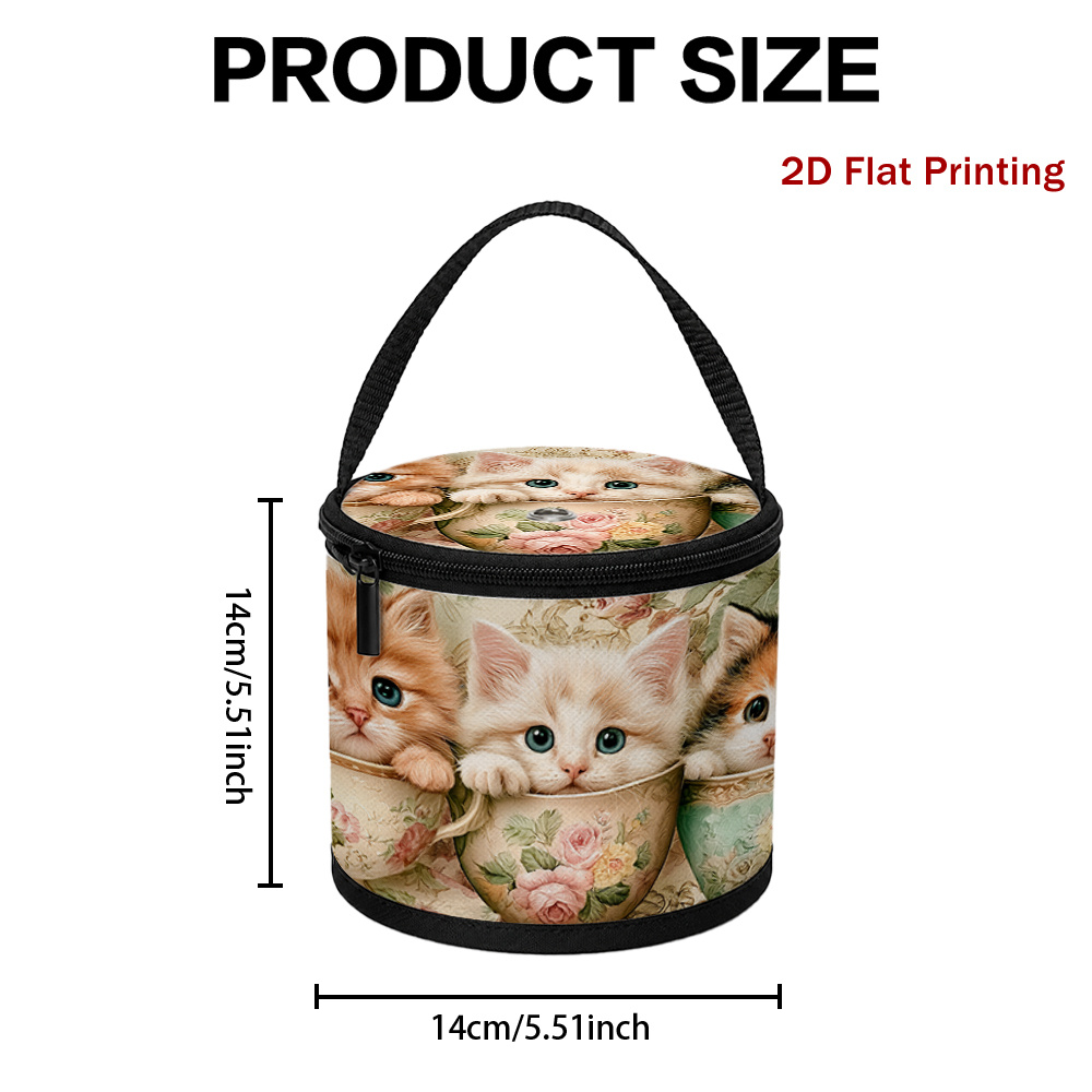 TEMU 1pc 2d Flat Kittens In Floral Teacups Background Pattern Crochet Bag Yarn Storage Organizer With Zipper Knitting Tool Holder Printed Travel