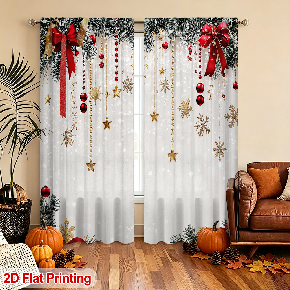 TEMU 2d Flat - 2d Flat - 2d Flat 2pcs Set Of Curtains Christmas Pine Tree Red Golden Decorative Pattern Blackout Warm Insulation Pole Bag Panel,