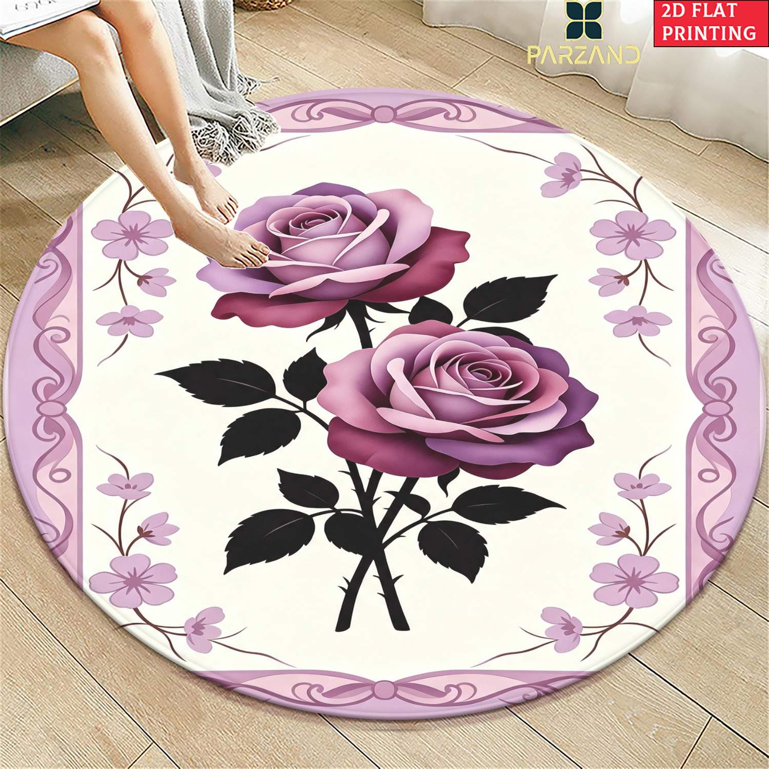 item picture 2d flat 1pc 850gsm purple rose hd printed round carpet kitchen rugs yoga mat non slip bathroom mats absorbent washable polyester rug for bathroom living room entrance camping picnic rugs outdoor mat outdoor rug 2d flat