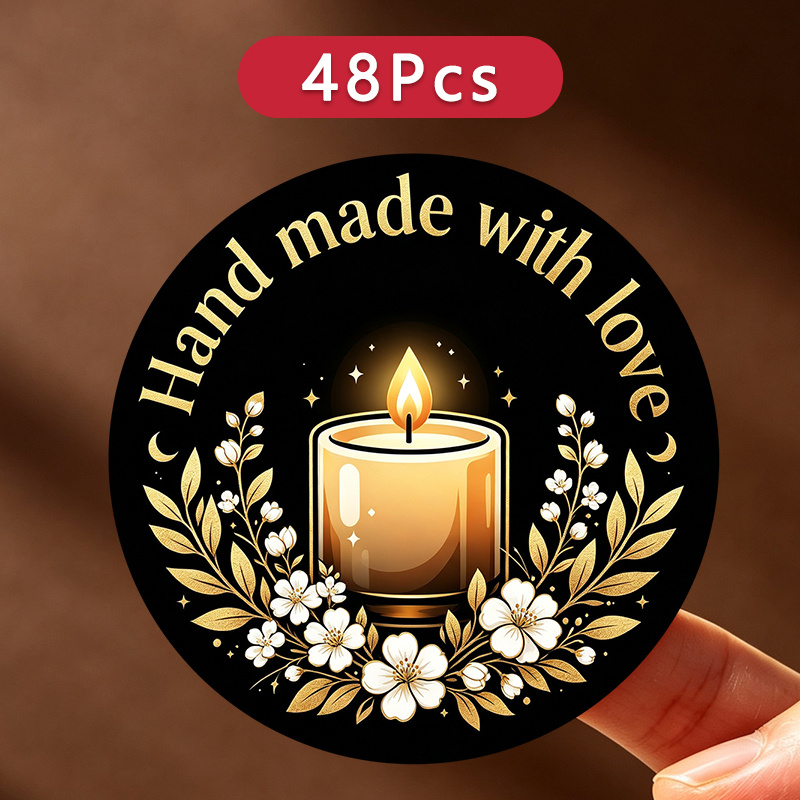 Artikelbild 48 stück runde handgemachte aufkleber,   goldenes florales mond-stern-kranzmuster, zur kennzeichnung von  gläsern, handwerkliches geschenkeinpacken, geschenktüten, umschlagsiegel, etiketten für kunsthandwerk, dankeskarten, verpackungsdekor für handwerksstände in dunklen  