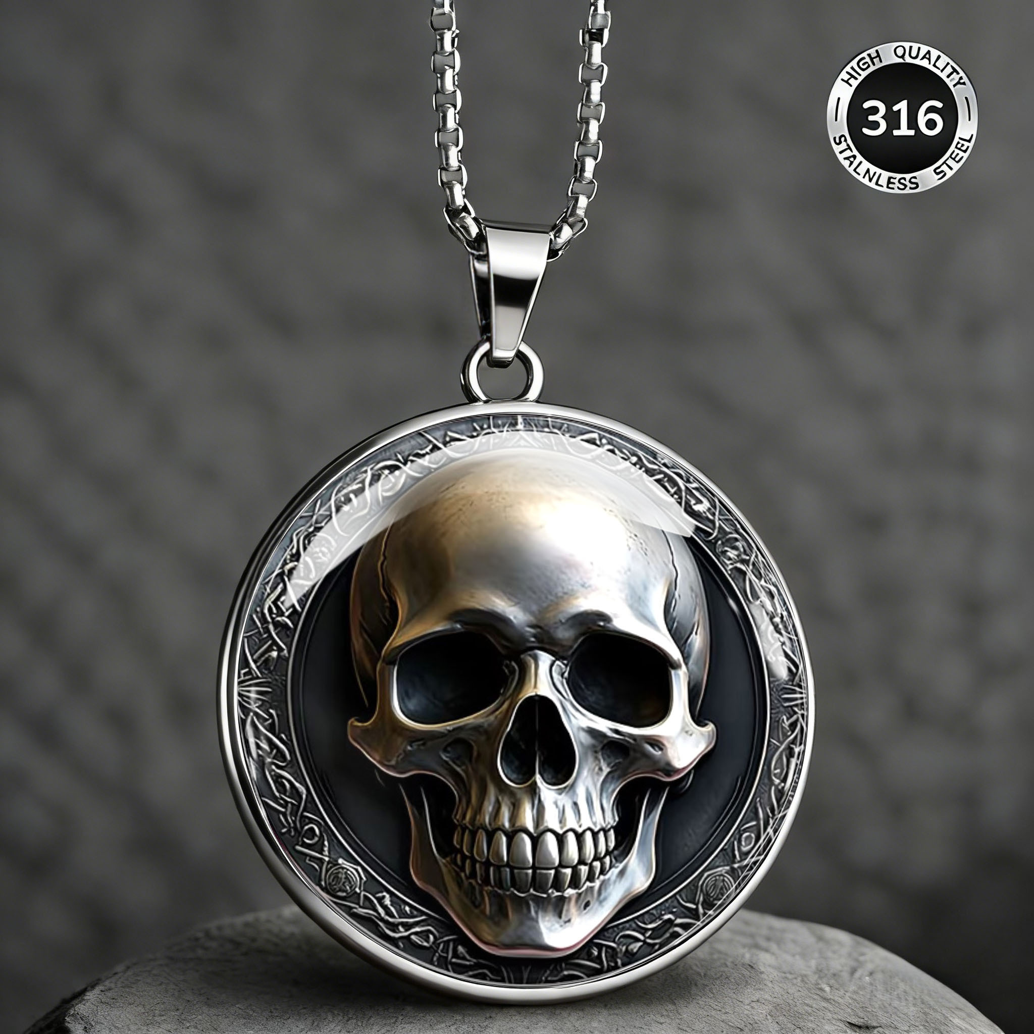 TEMU 2dflat Vintage Dark Skull Pattern Men's 316 304 Stainless Steel Necklace, Style Pendant, Hypoallergenic, Rust-proof, Wear-resistant Accessory,