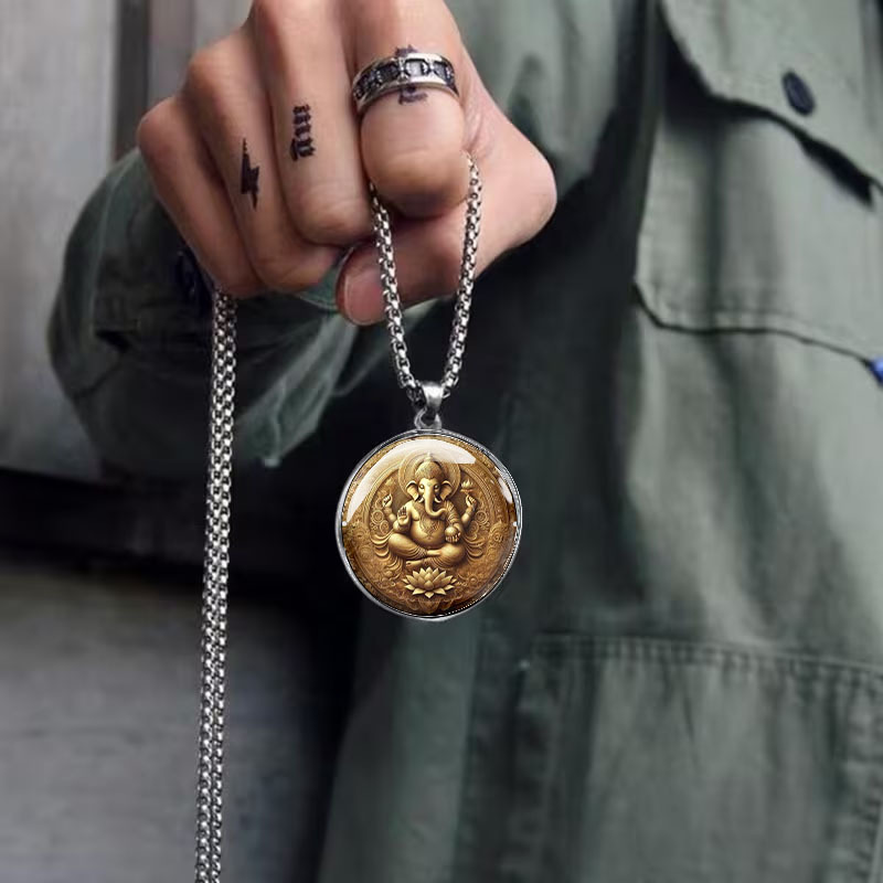 Men's Stainless Steel Ganesha Pendant Necklace, Traditional Design