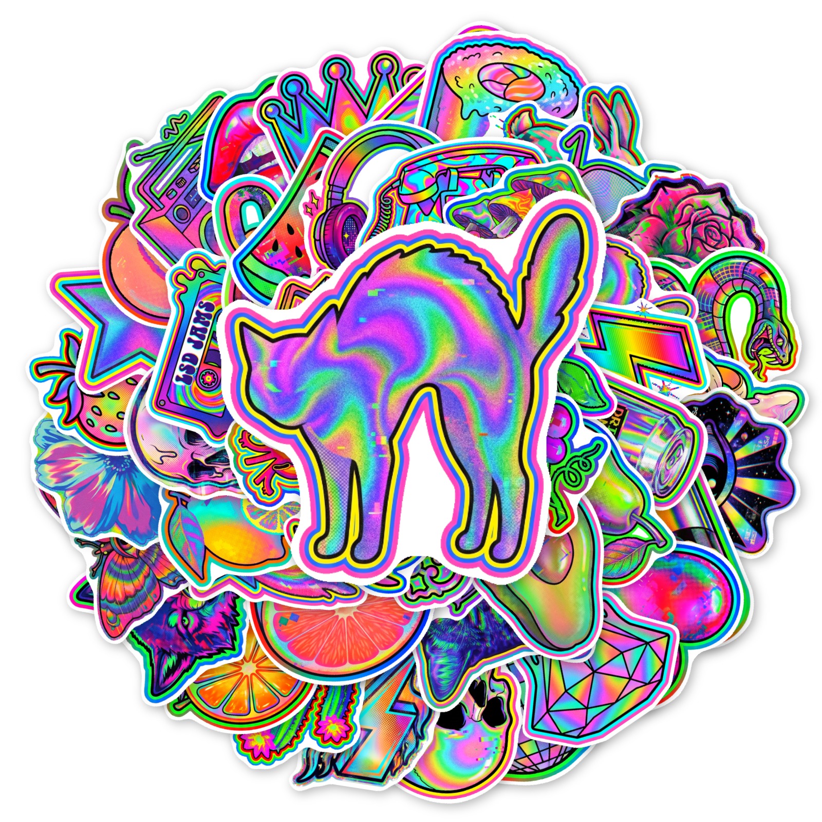 TEMU 50 stuks Holografische Stickers, Levendige Psychedelische Stickers, Geschikt voor Waterfles Fiets Skateboard Laptop Gitaar Bagage Telefoonhoes