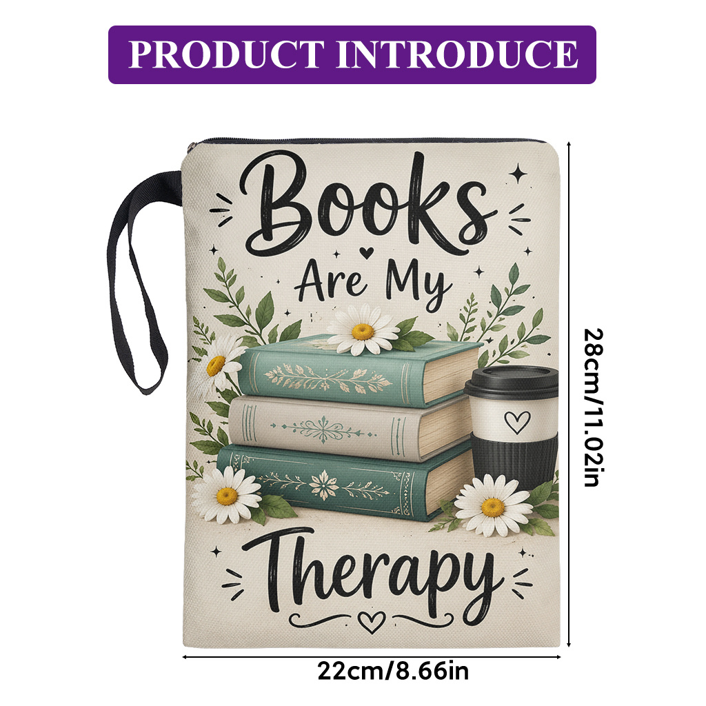 TEMU Book Cover 1pc, Books Are My Therapy Double-sided Printing Book Cover, Linen, Zipper Closure, Book Protector, Book Cover, Book Cover, Suitable