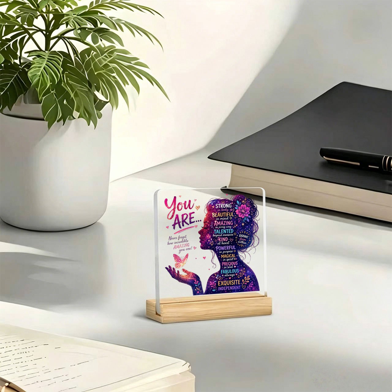 TEMU [2d Flat] 1pc Inspirational Girl Silhouette Ornament Inspirational Slogan, Acrylic Ornament, With Wooden Base, Paperweight, Office Desktop