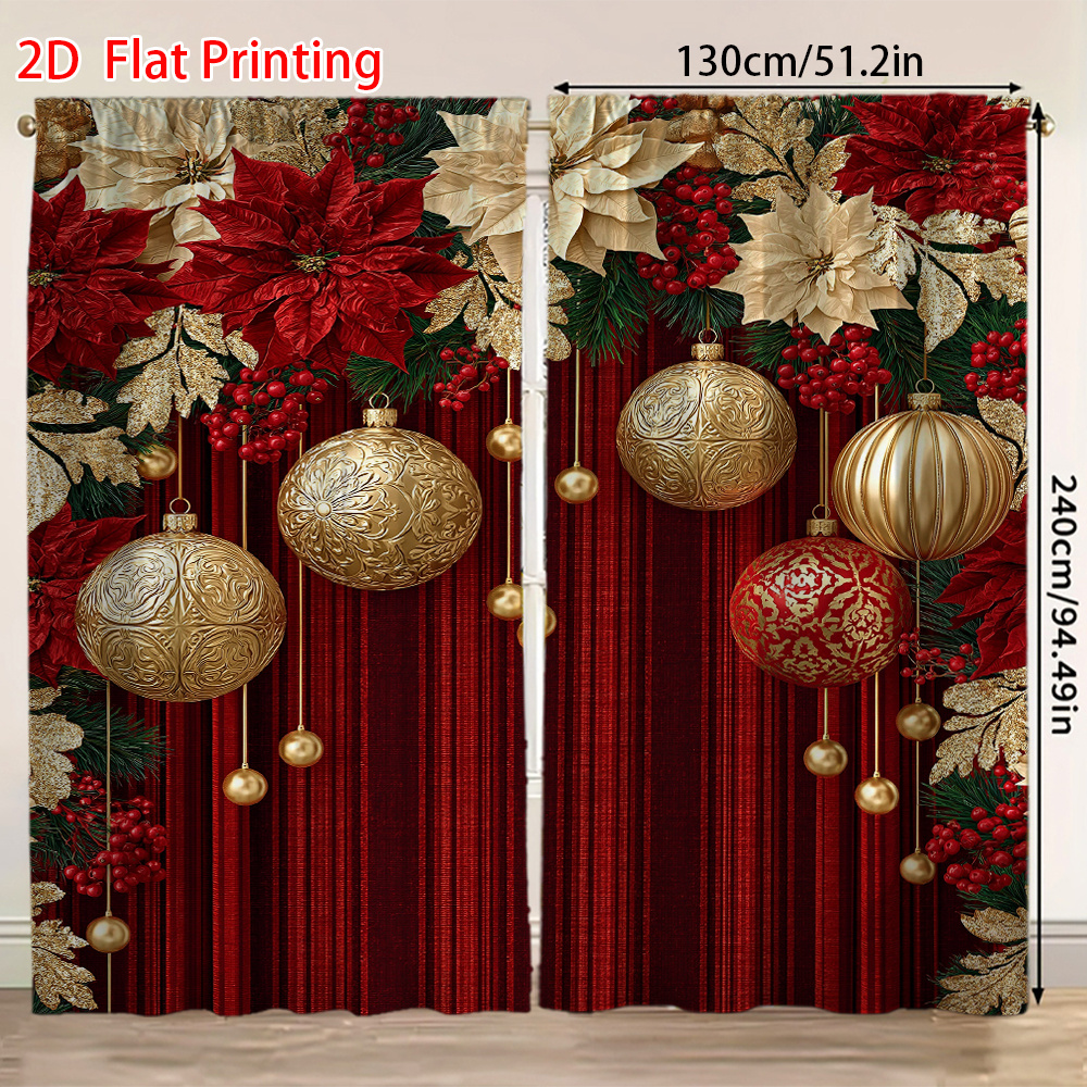 TEMU 2d Flat - 2d Flat - 2pcs 2d Flat Modern Blackout Curtains, Red Golden Poinsettia Ornaments Printed, Heat Insulation, Light Blocking, Privacy