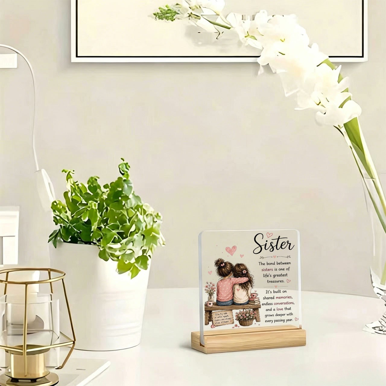 TEMU 1pc Acrylic Ornament For Home Decoration, With Wooden Base, Paperweight, And Inspirational/mind-warming Slogans, Featuring As Loving Sisters.