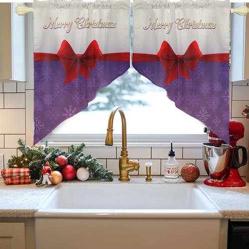 photo de l'article rideaux décoratifs triangulaires plats 2d pour petites fenêtres, lot de 2, motif triangulaire de dessin avec nœud rouge de noël, à de couleur violet et blanc, rideaux courts, conviennent pour fenêtres de cuisine, de salle de bain et de camping-car, améliorent