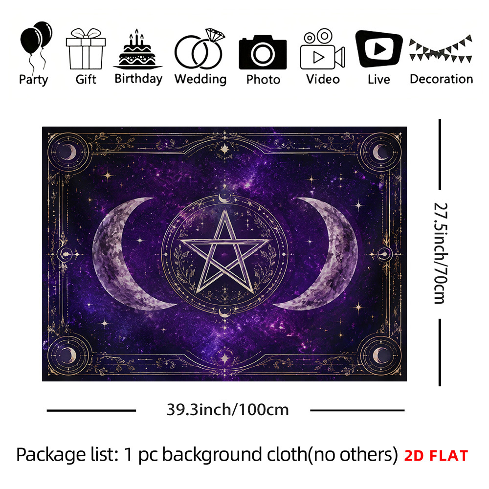 TEMU 2d Flat, 1pc Mystical Celestial Tapestry Wall Hanging - Horizontal Purple Star Moon & Pentagram Wall Decor Suitable For Living Room, Bedroom,