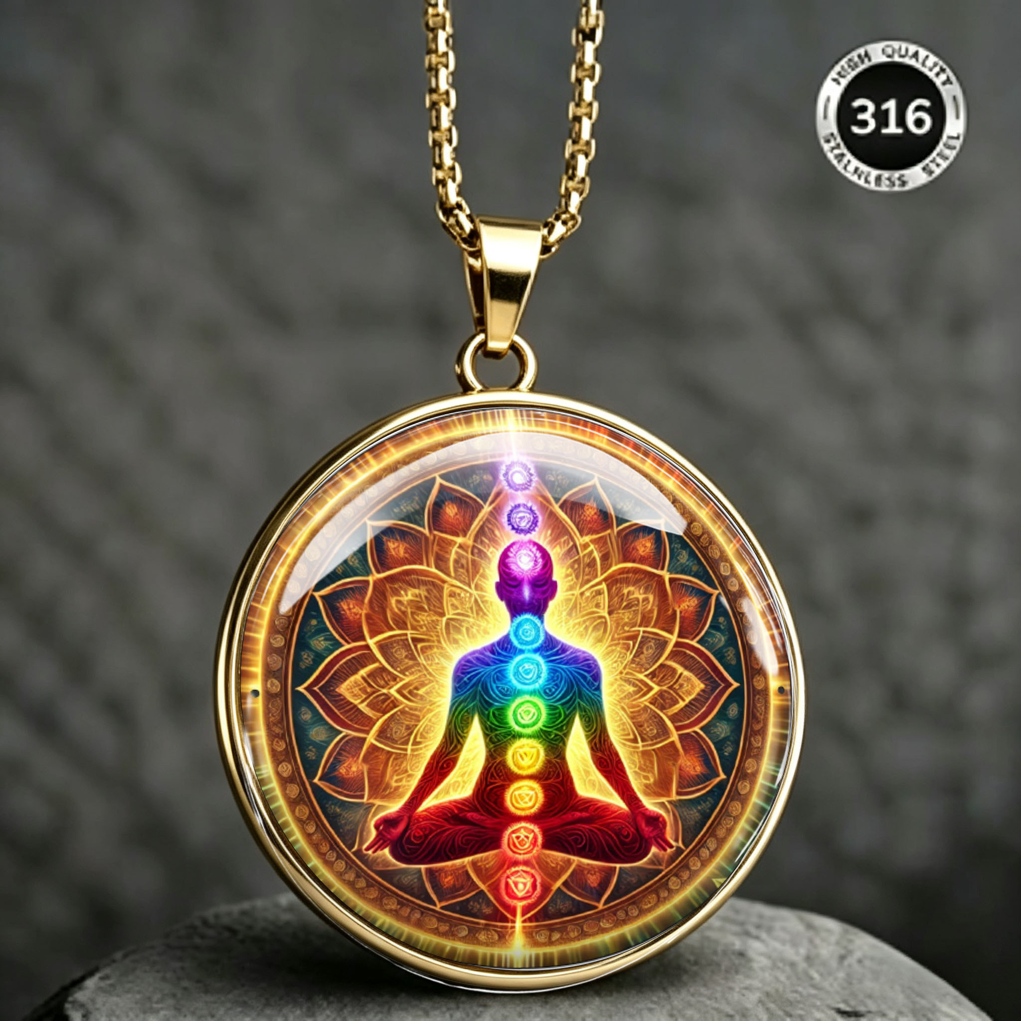 Chakra Meditation Stainless Steel Necklace, Spiritual Gift