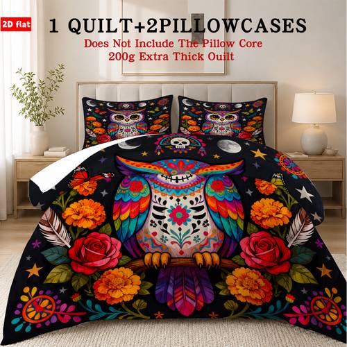 item picture 3pcs skull owl bedspread with pillowcases soft lightweight comforter set grid stitched anti clumping bedding suitable for use machine washable thick bed sheets for room or decor