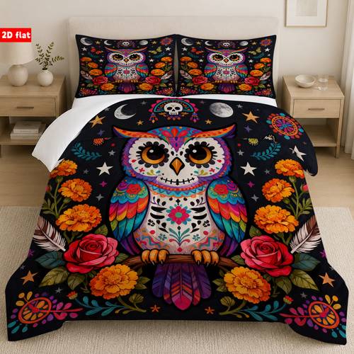 3pcs skull owl bedspread with pillowcases soft lightweight comforter set grid stitched anti clumping bedding suitable for use machine washable thick bed sheets for room or decor