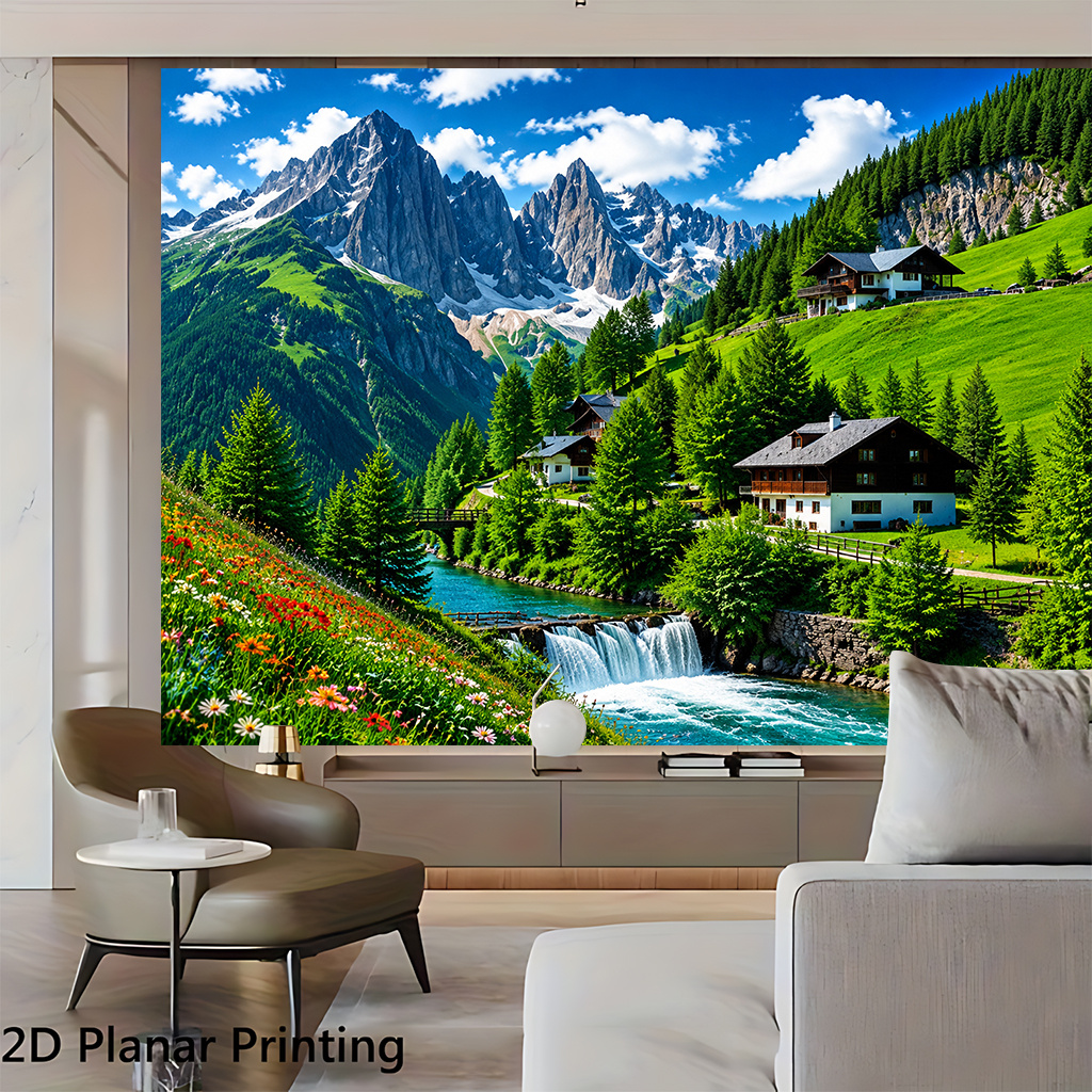 Beautiful Mountain Village Scene Decorative Backdrop Banner