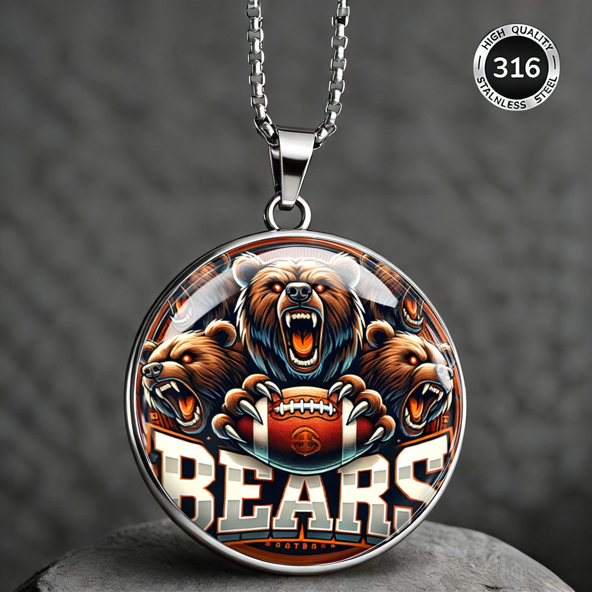 TEMU 2dflat Men's 316 304 304 Stainless Steel Necklace Bear Theme Round Plate Pendant Trendy Animal Pattern Flat Print Rust-resistant And