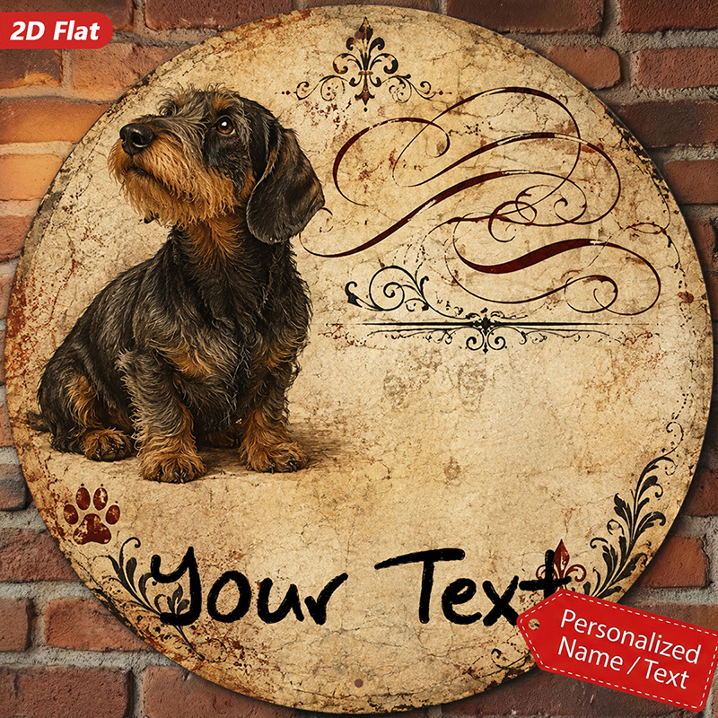 TEMU 2d Flat, 1pc Rustic Dachshund Portrait Round Metal Sign Wall Art, Custom Text, Wirehaired Dachshund, Vintage Parchment Background, Home Decor,